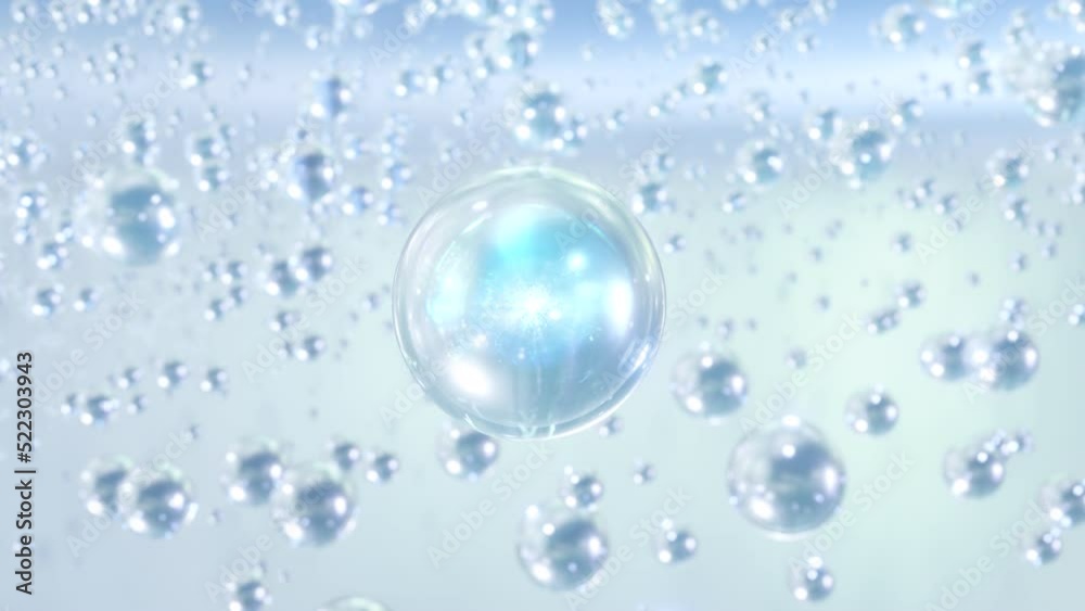 A macro shot of various water bubbles rising against a light blue background. Cosmetic essence is a liquid bubble with active substances inside. 3D Animation A macro shot of various water bubbles rising against a light blue background. Cosmetic essence is a liquid bubble with active substances inside. 3D Animation