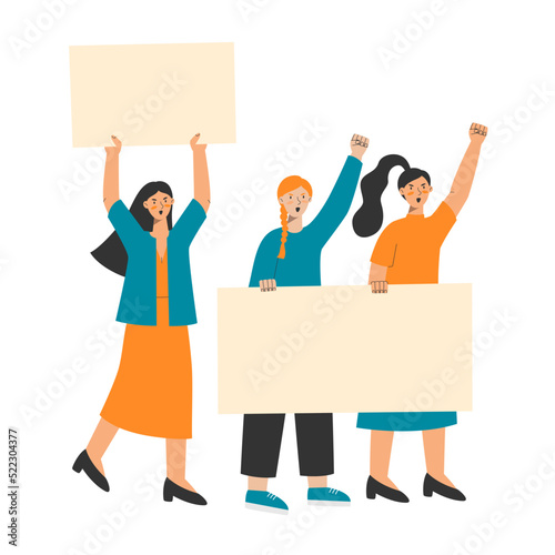 Women protest holding banners. Empty posters for manifestation. Demonstration for women rights. Vector illustration of manifesting activists.