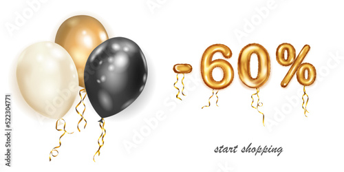 Discount creative illustration with white, black and gold helium flying balloons and golden foil numbers. 60 percent off. Sale poster with special offer on white background