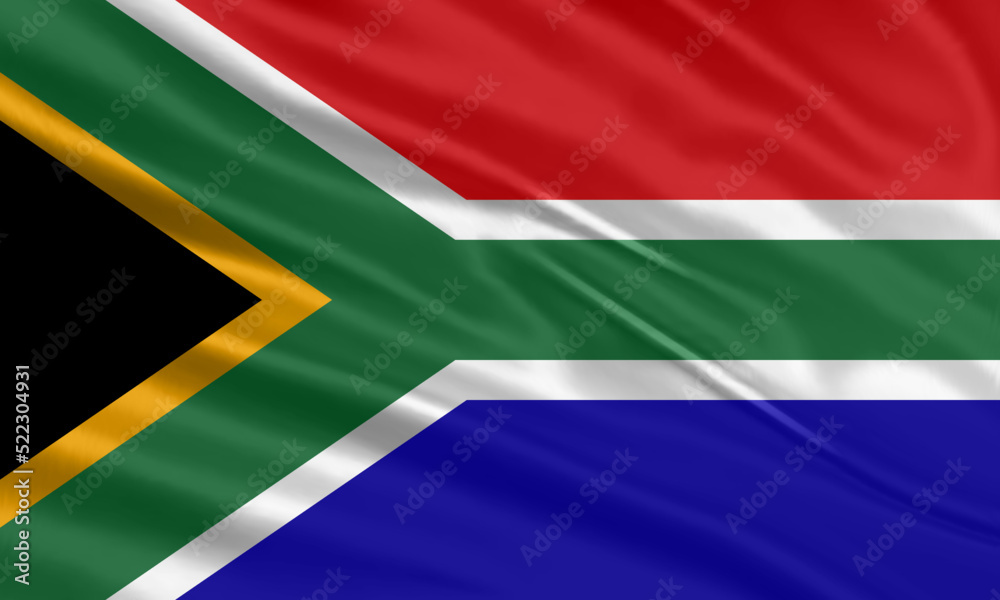 South Africa flag design. Waving South African flag made of satin or silk fabric. Vector Illustration.