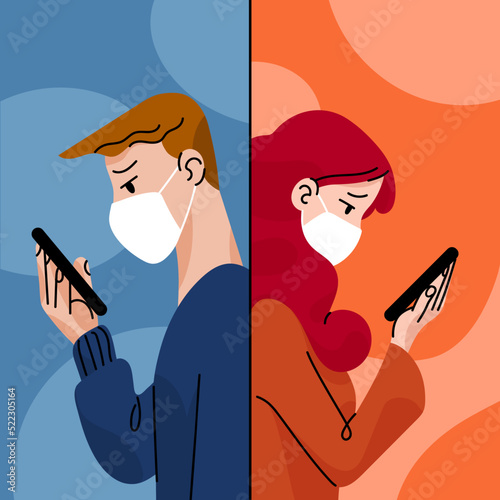 Guy and Girl in medical masks looking at their phones from different places. Talking with eachother or surfing news. Sad worrying faces. Social distance communication concept.