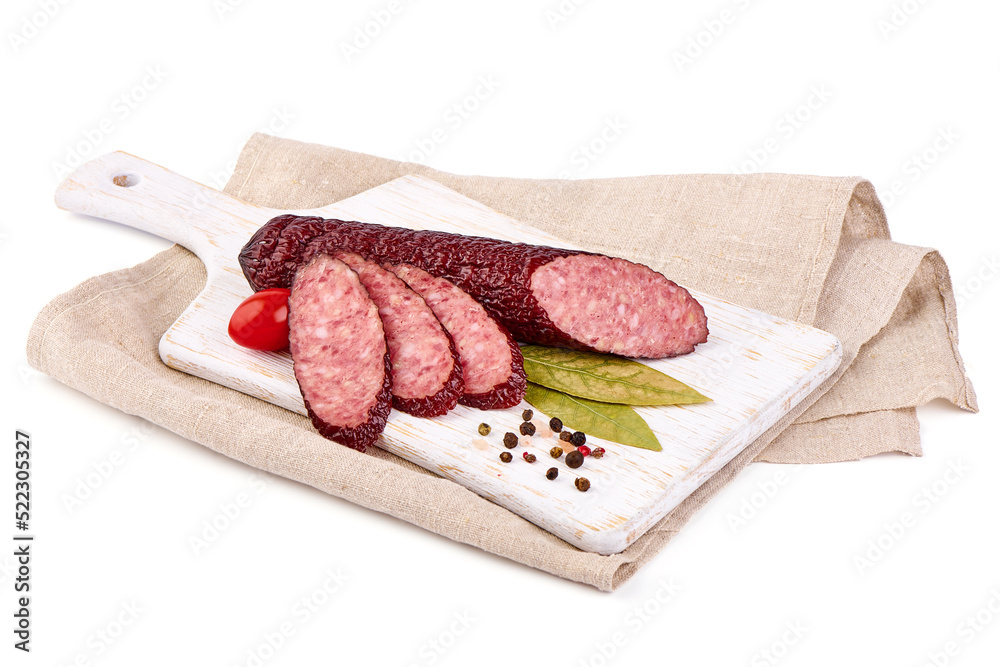 Hot smoked salami sausage, isolated on white background.
