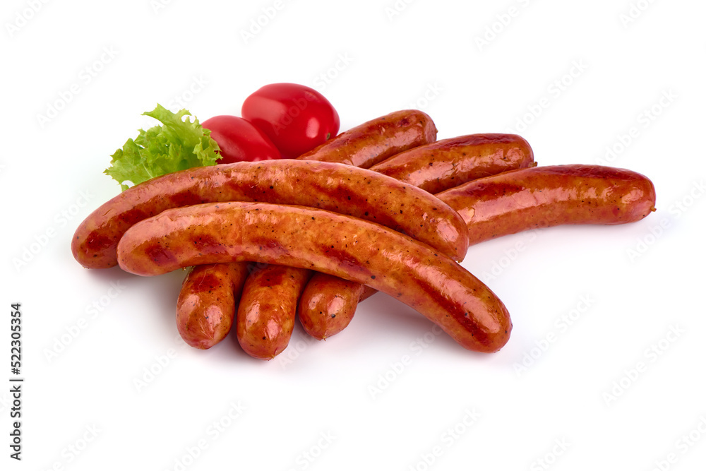 Roasted sausages, barbecued sausages, isolated on white background.