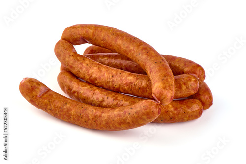 Dried pork sausages, isolated on white background.
