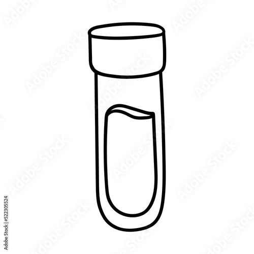 Medical test tube. Doodle of liquid medicine. Contour drawing in black, linear icon of the vaccine, analysis, probe