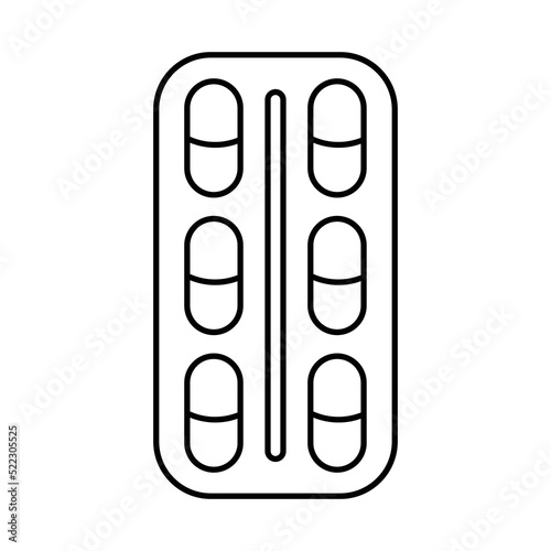 A blister of pills. A doodle of medicinal pills. Black contour drawing, linear icon of medical capsules, vitamins, drugs