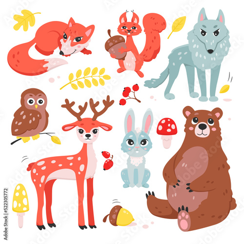Wallpaper Mural Cartoon isolated forest characters with autumn berry fruit on plants and mushrooms, squirrel with acorn and deer, fox and wolf, owl and bear. Cute wild animals and birds set vector illustration Torontodigital.ca