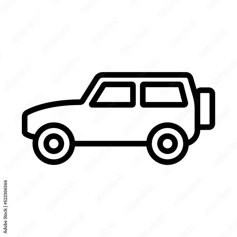SUV icon. Off-road transport. Black contour linear silhouette. Side view. Editable strokes. Vector simple flat graphic illustration. Isolated object on a white background. Isolate.
