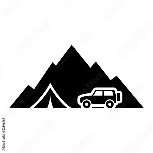 Mountains, tent and SUV icon. Camping, travel. Camp. Black silhouette. Front side view. Vector simple flat graphic illustration. Isolated object on a white background. Isolate.