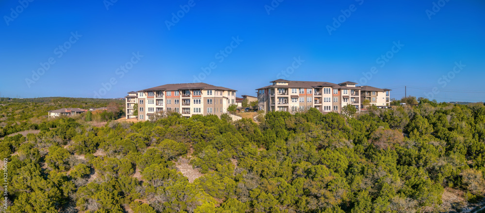 Austin, Texas- Complex apartment buildings near the cliff in a panoramic view