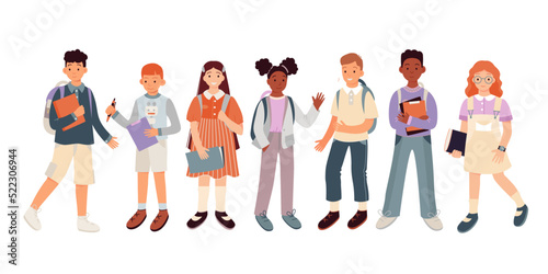 Cartoon isolated diverse group of cute children students of primary school standing with backpacks, bags and books, happy little girls and boys wave hand. Schoolchildren set vector illustration