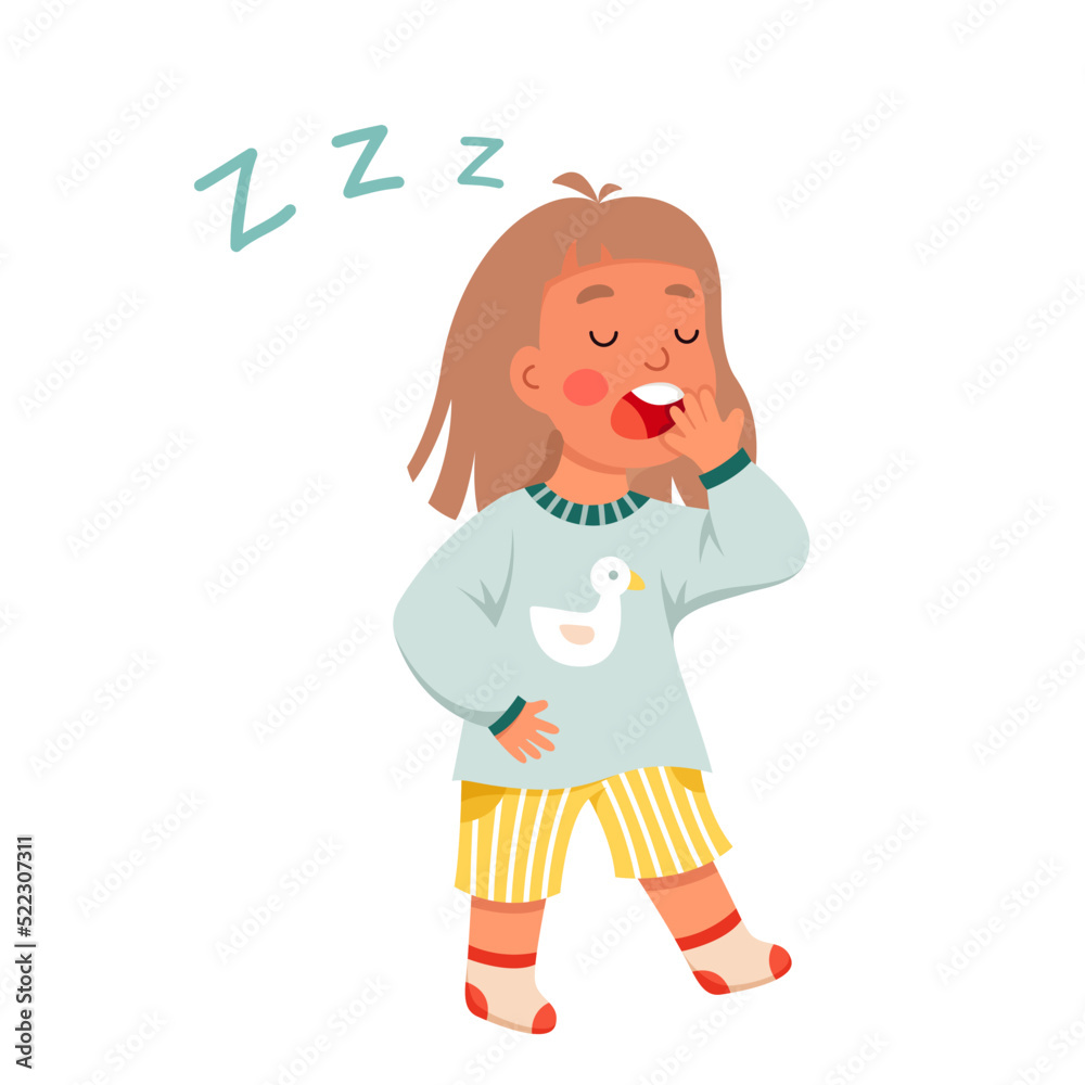 Sleepy girl sleepwalking at night vector illustration. Cartoon isolated