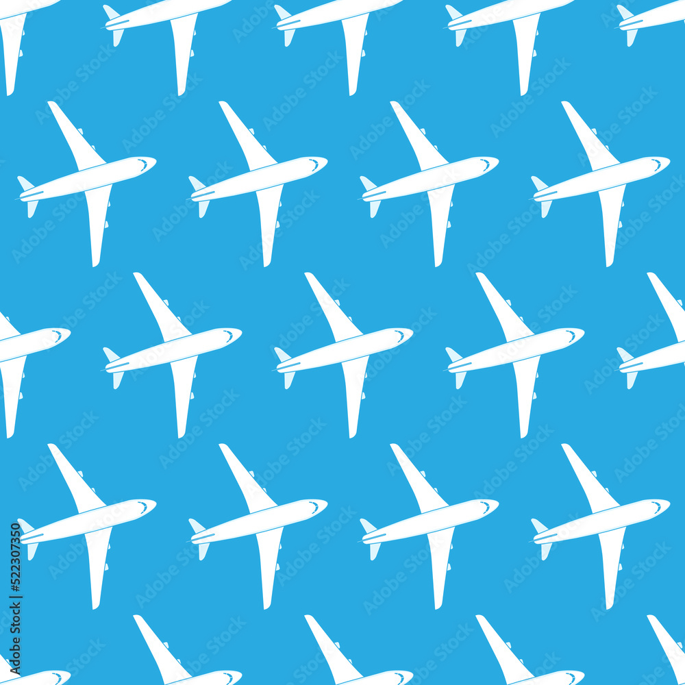 Vector illustration of an airplane top view on a blue background. Aviation holiday poster. Vector seamless pattern