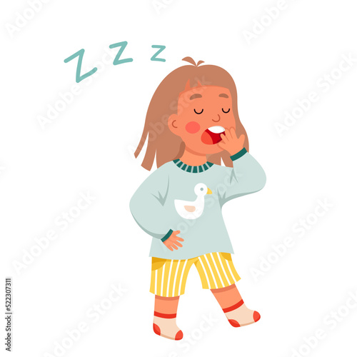 Sleepy girl sleepwalking at night vector illustration. Cartoon isolated tired kid walking with yawn to home bedroom to sleep, lazy kid with exhausted cute face, closed eyes and open mouth yawning