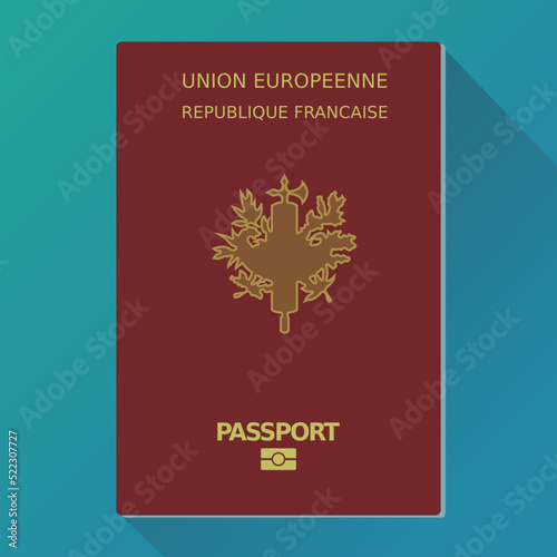 French passport on a blue background in the style of flat design on which is written the European Union (Union européenne) and the French Republic (République française) in the French language photo
