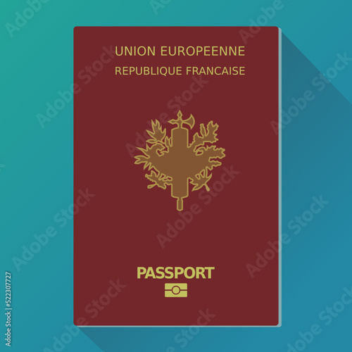 French passport on a blue background in the style of flat design on which is written the European Union (Union européenne) and the French Republic (République française) in the French language