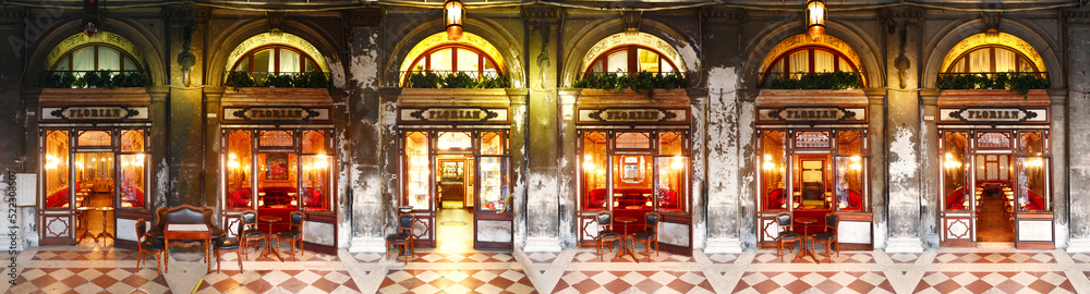 Old Traditional Bar Caffe Florian in St. Marks Square; Venice, Veneto; Italy - obrazy, fototapety, plakaty 