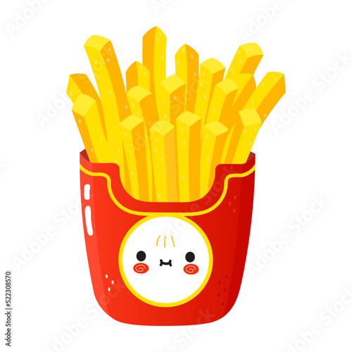 Cute funny french fries character. Vector hand drawn cartoon kawaii character illustration icon. Isolated on white background. French fries character concept