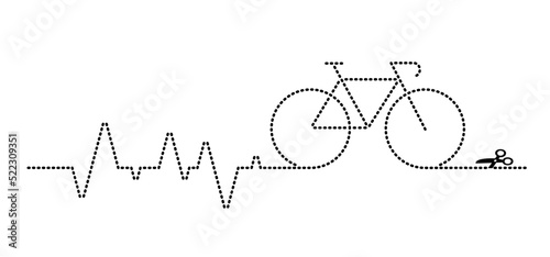 Heartbeat line pulse. Scissors cut lines. Cartoon cycling dots line patern. Sport cyclist symbol or logo. Funny vector bike dot lines. Cutting scissors silhouette. Dotted coupon.