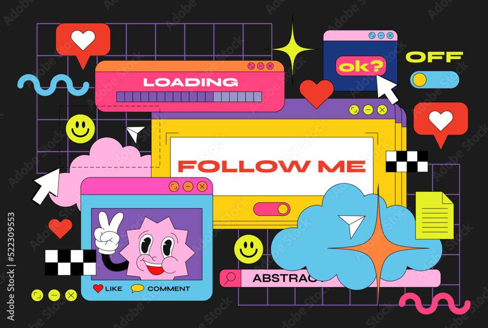 Acid retro social media frames. in memphis style, abstract geometric linear backgrounds in vibrant colors. Acid retro social media frames. in memphis style, abstract geometric linear backgrounds in vibrant colors.