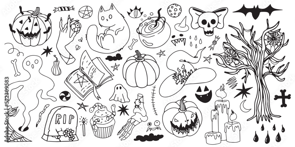 Set of doodle Halloween elements. Mystical hand drawn vector clipart. All elements are isolated on a white background.