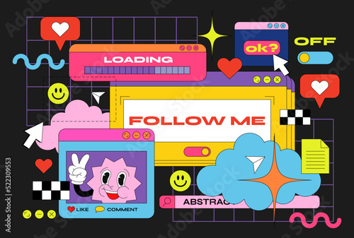 Acid retro social media frames. in memphis style, abstract geometric linear backgrounds in vibrant colors.