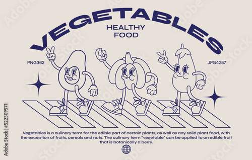 Collection of cartoon characters of vegetables in a linear style. Avocado, pumpkin, eggplant at a crosswalk. Set of comic products elements in trendy retro cartoon style with typography
