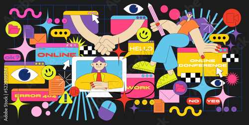 acid cartoon retro frames of online communication tabs. memphis style. abstract geometric linear backgrounds in bright colors with characters girls workers, online learning, conferences, computer.