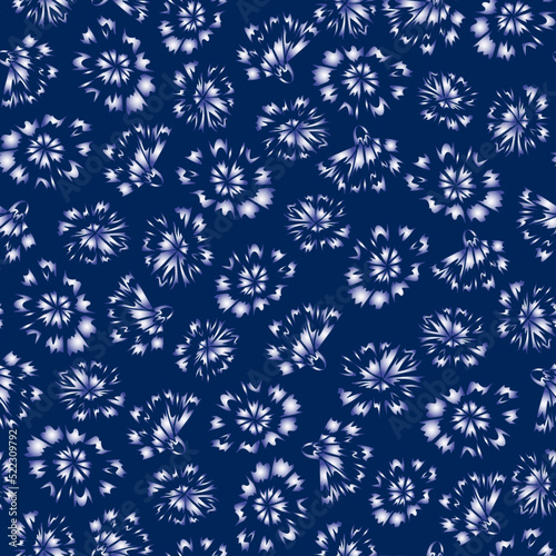 Seamless pattern with silver metallic abstract flowers on dark blue background. White petals, night cornflower meadow. Vector floral print for fabric, cover, wallpaper, wrapping paper.