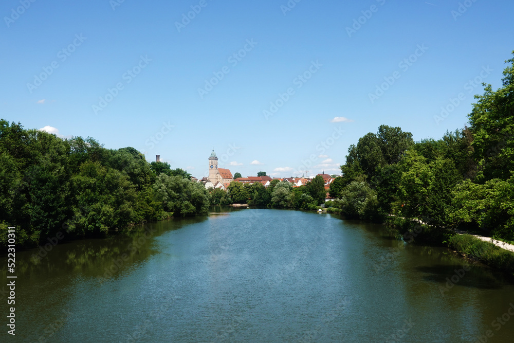 The view of the Neckar river embankment in Nuertingen, Germany