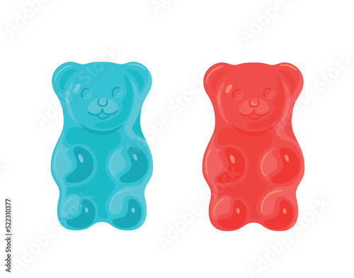 Blue and red jelly bears. Sweets and gifts for children. Jelly and fruit sweets. Harmful but tasty food, unhealthy diet. Sweets, sugar, dessert and delicacy. Cartoon flat vector illustration