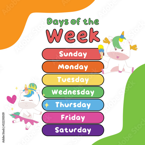 Days of the week poster for children. Learning about days for a week. Vector illustration file.