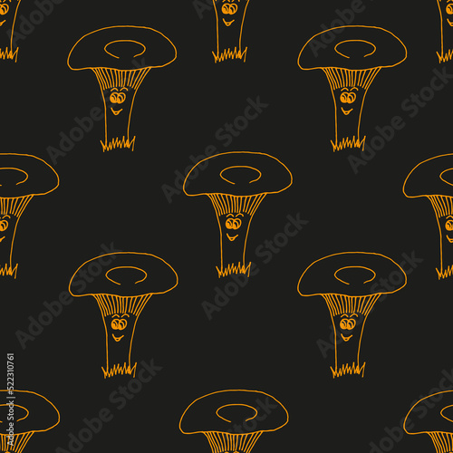 A pattern of chanterelles with eyes and smile on black background. Beautiful seamless background of chanterelle. Vector illustration with mushrooms.