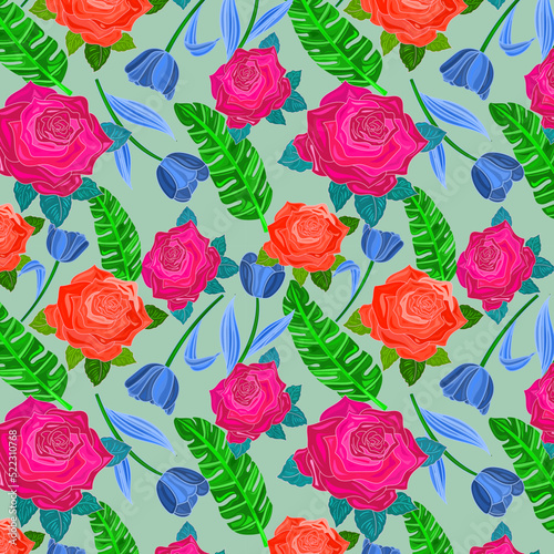 Seamless pattern of rubine red and scarlet color roses , dark cornflower blue tulip flower with Ao English color banana leaf on Cambridge blue color background. Beautiful textile design, wallpaper.