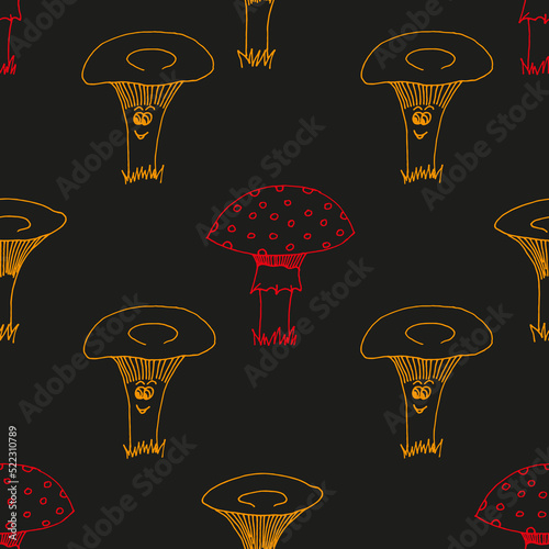 A pattern of fly agarics and chanterelles with eyes and smile on black background. Beautiful seamless background of toadstools. Vector illustration with mushrooms.