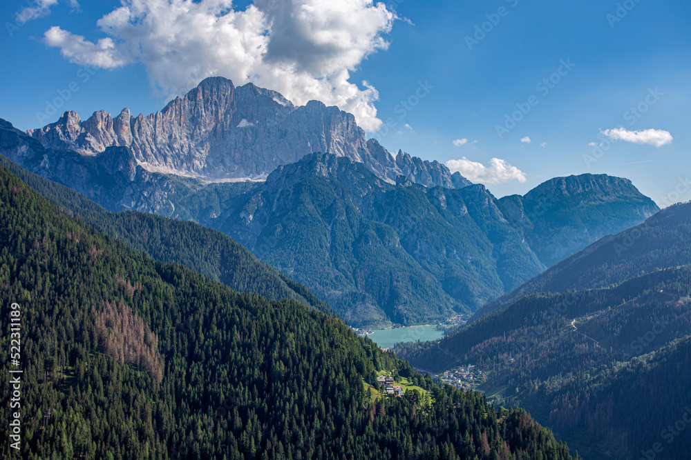 Top view of Civetta Mount and Alleghe lake in the dolomitic scenery, Belluno province, Italy
