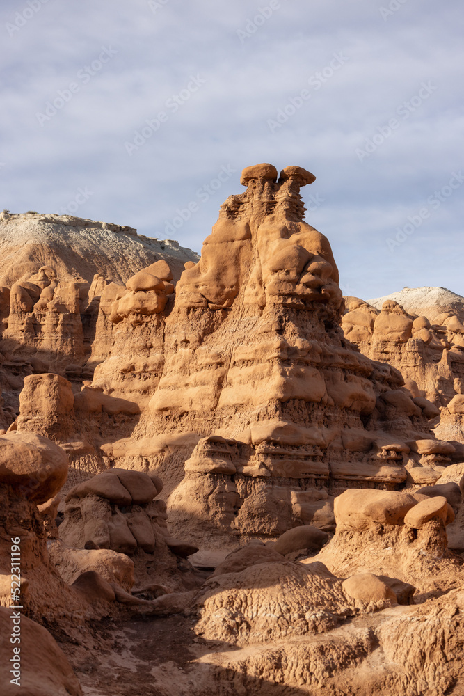 Red Rock Formations and Hoodoos in the Desert at Sunrise. Spring Season. Goblin Valley State Park. Utah, United States. Nature Background.