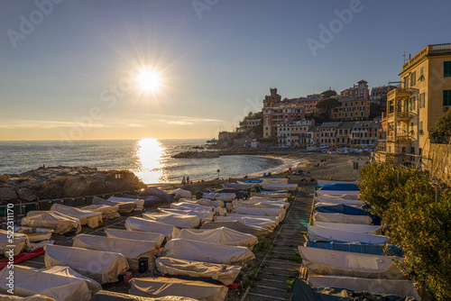 Fototapeta Naklejka Na Ścianę i Meble -  View of Genoa Vernazzola beach in a sunny day in Genoa, Italy