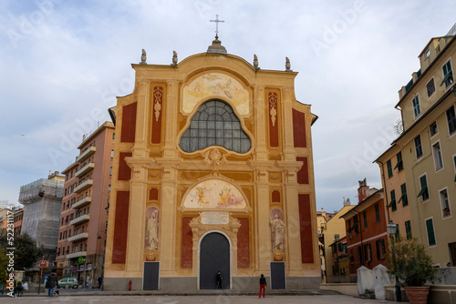GENOA, ITALY, FEBRUARY 15, 2022 - View of San Salvatore church in Sarzano square, in the old city of Genoa, Italy.