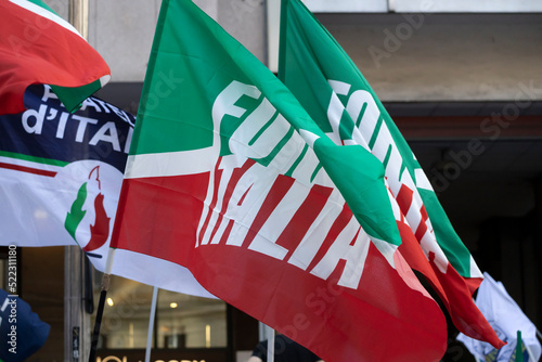 GENOA, ITALY, JUNE 10, 2022 - Forza Italia's party flags during a political rally in Genoa, Italy. photo