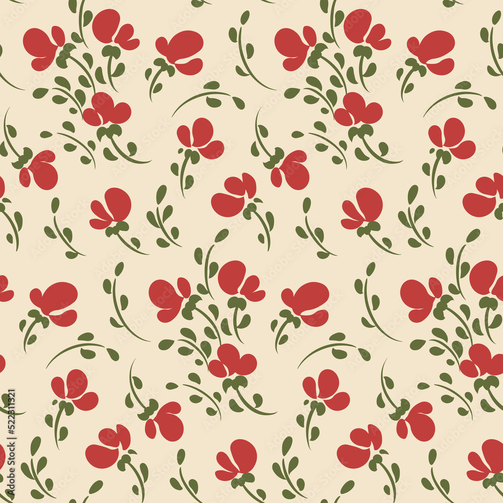 Seamless floral pattern with small artistic plants on a light surface. Vintage print, simple botanical background with hand drawn rustic meadow, red flowers, tiny leaves. Vector. Seamless floral pattern with small artistic plants on a light surface. Vintage print, simple botanical background with hand drawn rustic meadow, red flowers, tiny leaves. Vector.