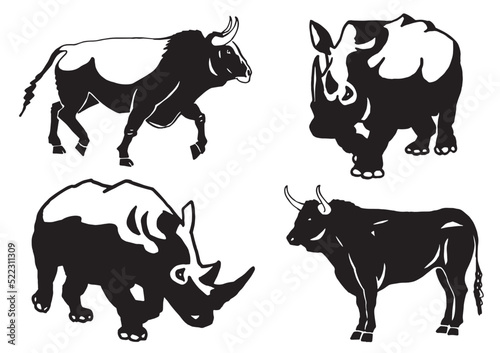 Vector set of bulls and rhinoceroses on white isolated graphical illustration
