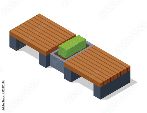 Isometric benche icon. Eco street seating. Modern design element with flower bed in city park. Place for rest, relaxation and picnic or meeting friends