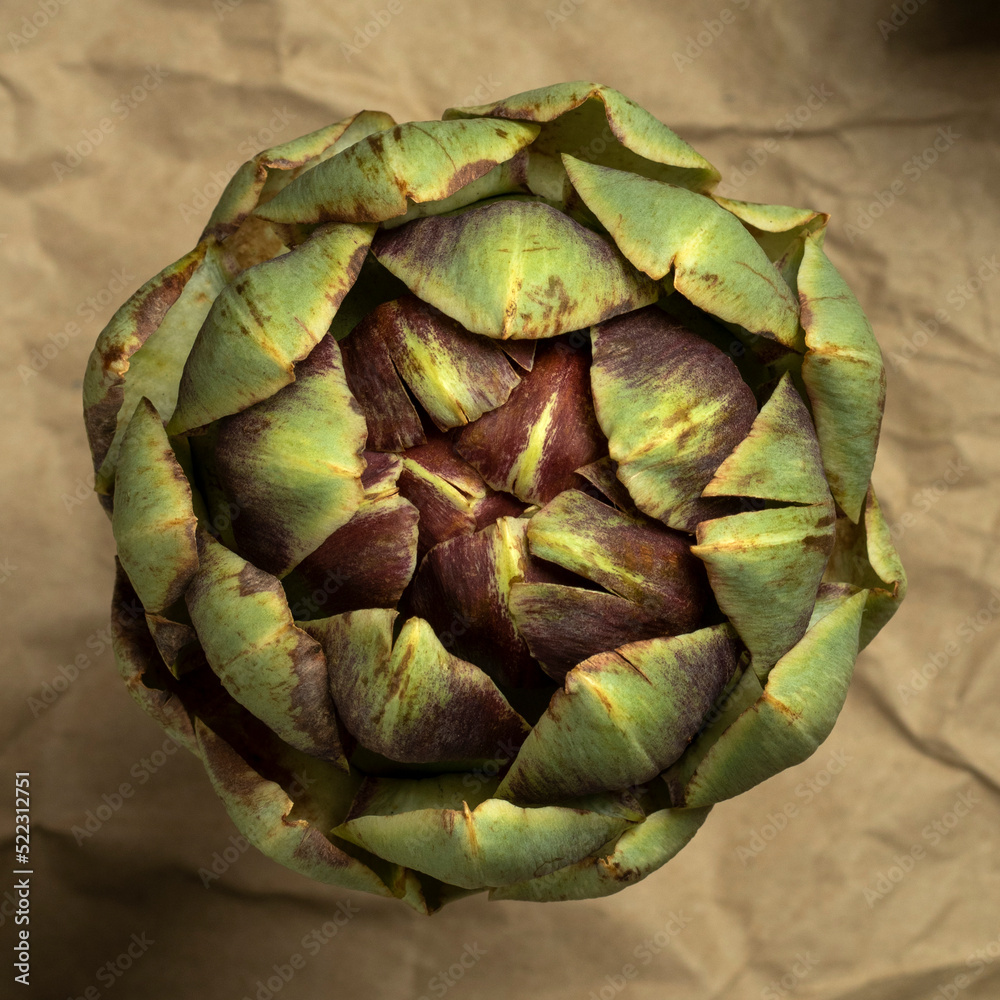 Obraz premium Big fresh green artichoke on paper background. Top view.