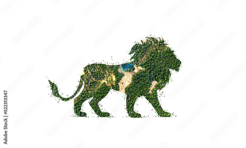 Obraz premium Save The Lion. World Wildlife day concept nature reserve conserve Wildlife reserve lion. Forest shape of lion-Environment day. 3d rendering.