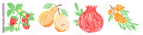 Strawberry, pear, pomegranate and sea buckthorn. Fruit sketch set. Hand drawn vector illustration. Pen or marker doodle