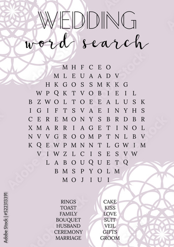 Wedding word search puzzle. Bridal shower crossword, trivia, activity card. Engagement, bachelorette party printable. Words can be found vertical, horizontal and diagonal.