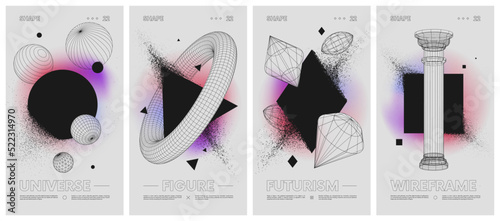 Geometric shapes dissolve into dust on a gradient background, Wireframes strange geometrical figures, modern design inspired by brutalism, abstract vector set posters, cover photo