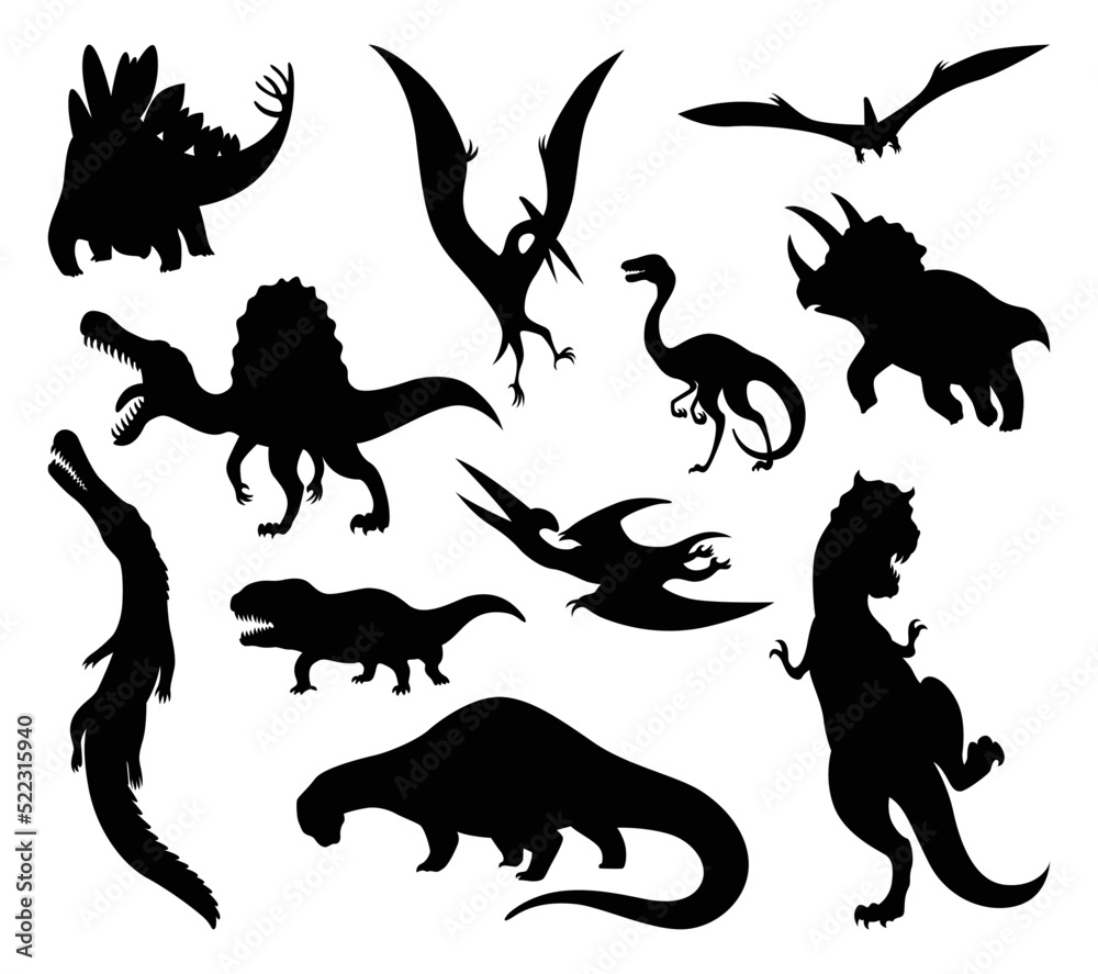 Obraz premium Dinosaur silhouettes set. Dino monsters icons. Shape of real animals. Sketch of prehistoric reptiles. Vector illustration isolated on white. Hand drawn sketches
