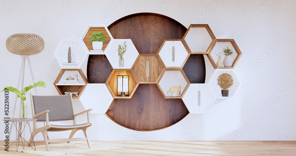 Hexagon wooden shelf japanese on wall background.3D rendering Hexagon wooden shelf japanese on wall background.3D rendering